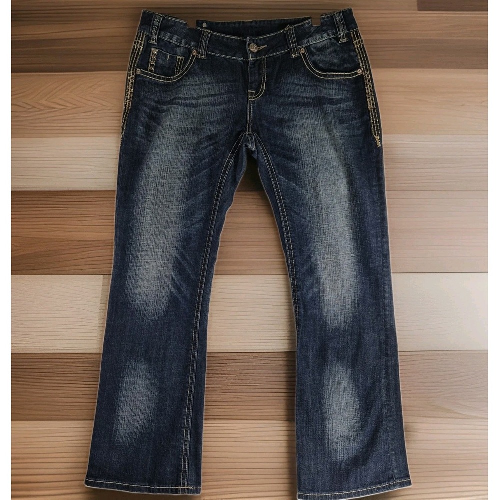Y2k Rock & Roll Cowgirl Women's Low Rise 34x32 Bootcut Jeans Dark Wash Rhineston